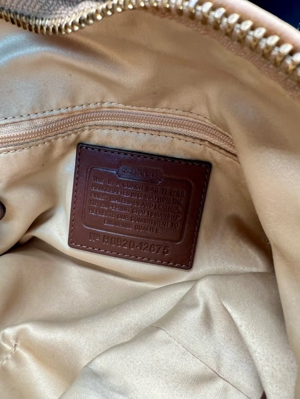 COACH Signature Tan Sateen Hobo Shoulder Bag with Metal Hang Tag